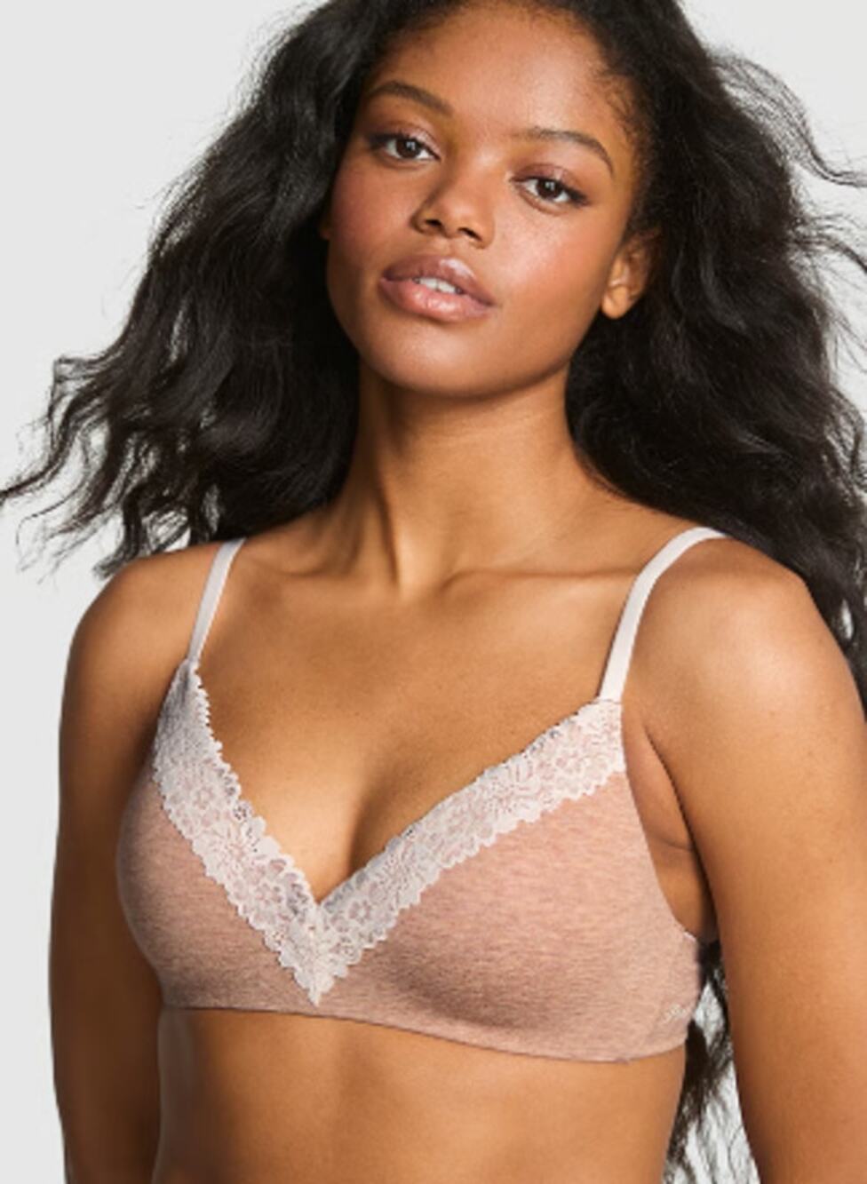 PINK VS Wear Everywhere Wireless Lightly Lined Lace Bra Heathered Nude 38C NWT